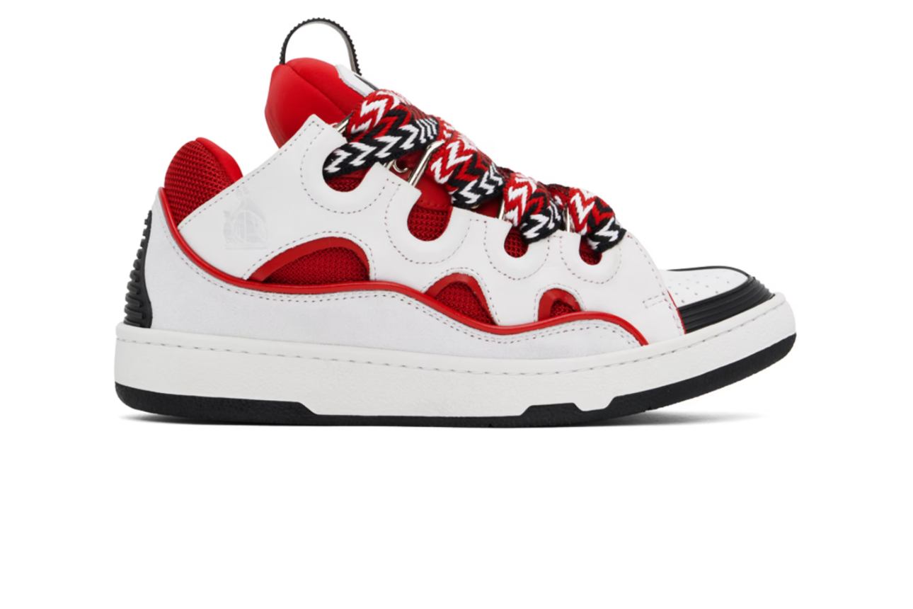 Lanvin White & Red Leather Curb Sneakers